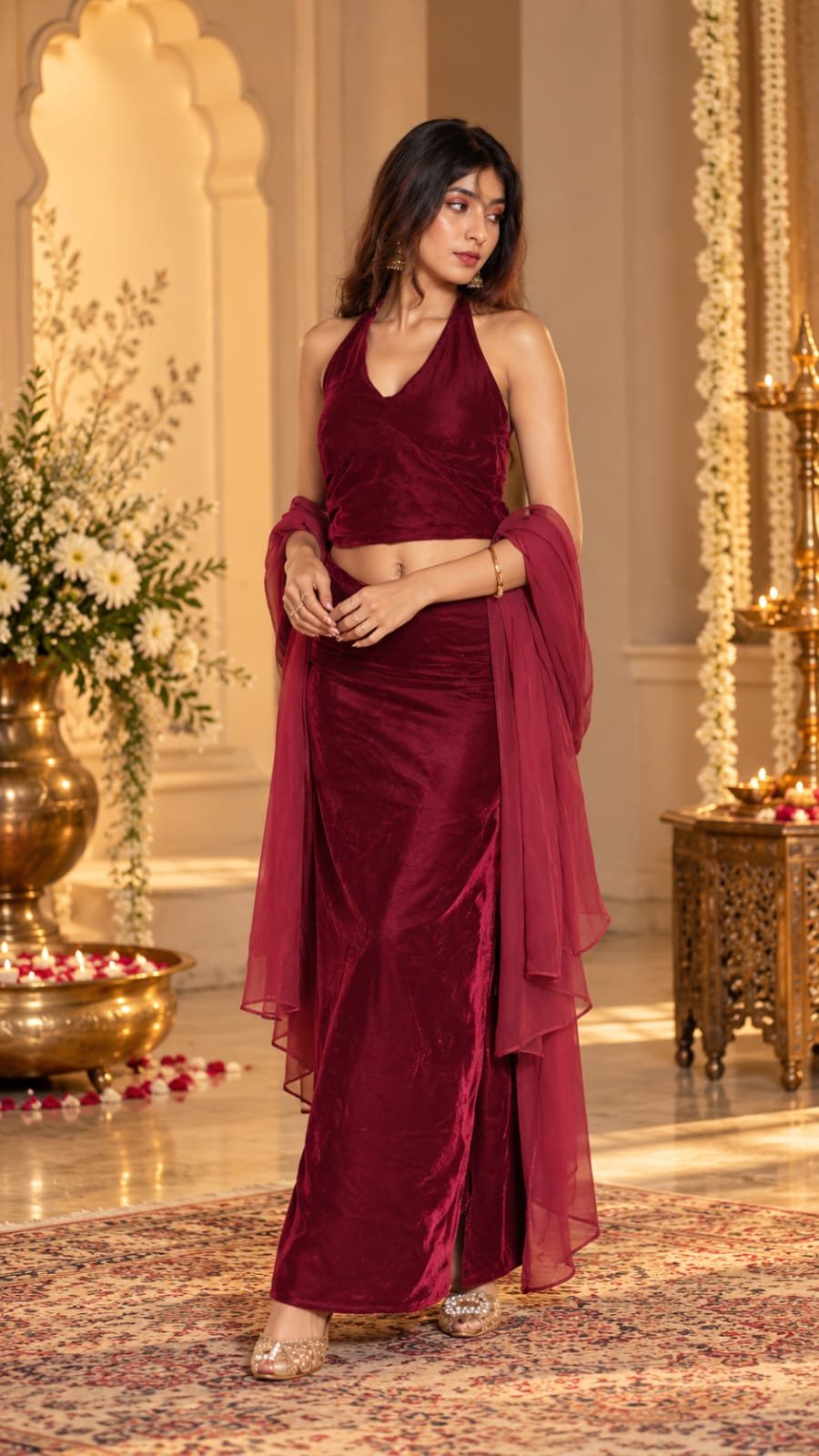 Burgundy velvet halter co-ord set view 4