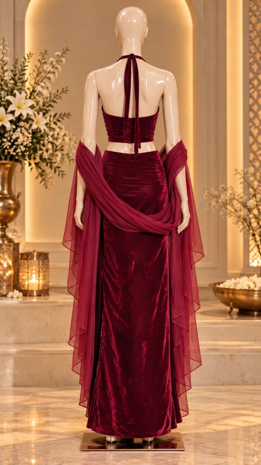 Burgundy velvet halter co-ord set view 2