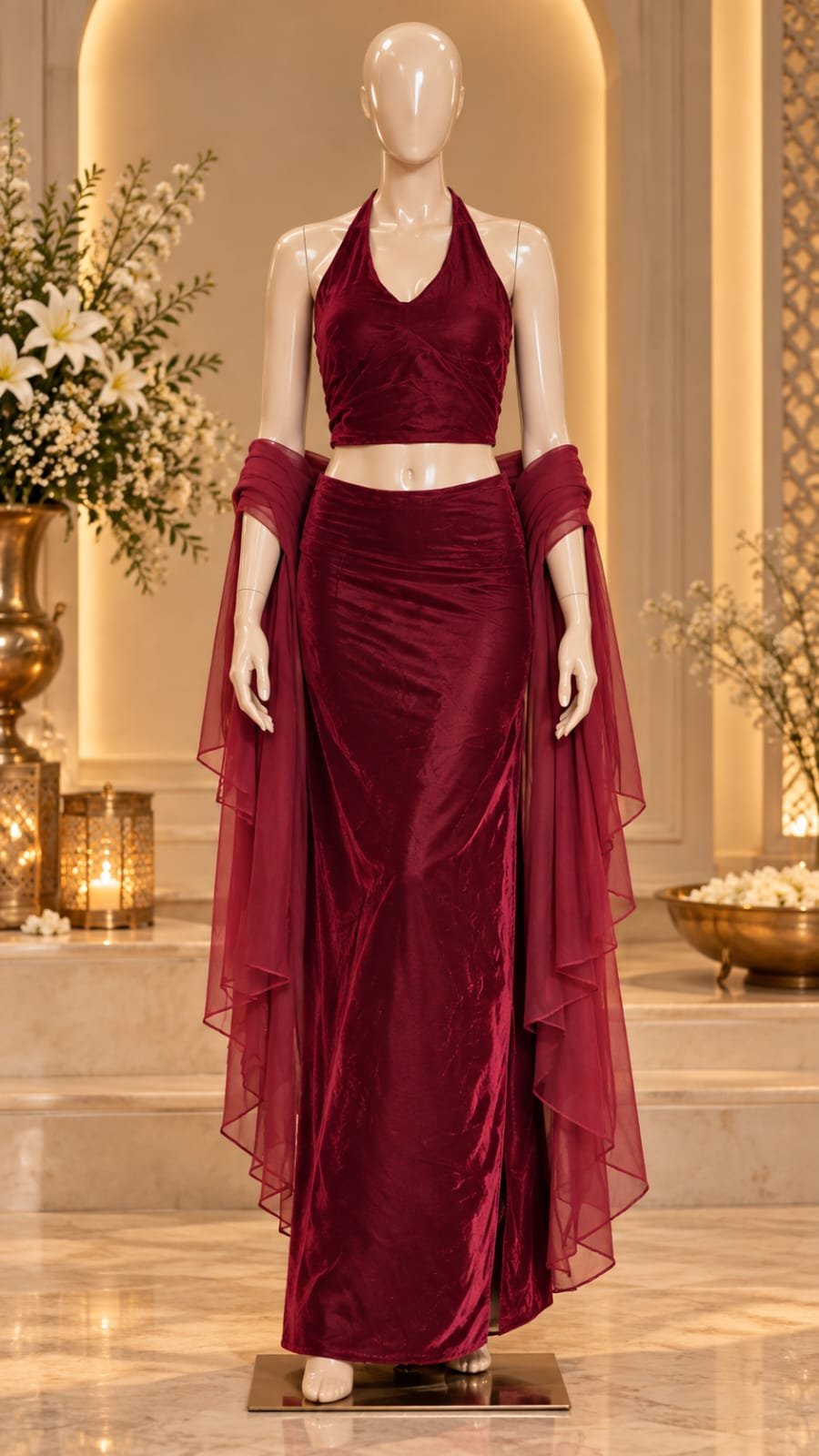 Burgundy velvet halter co-ord set
