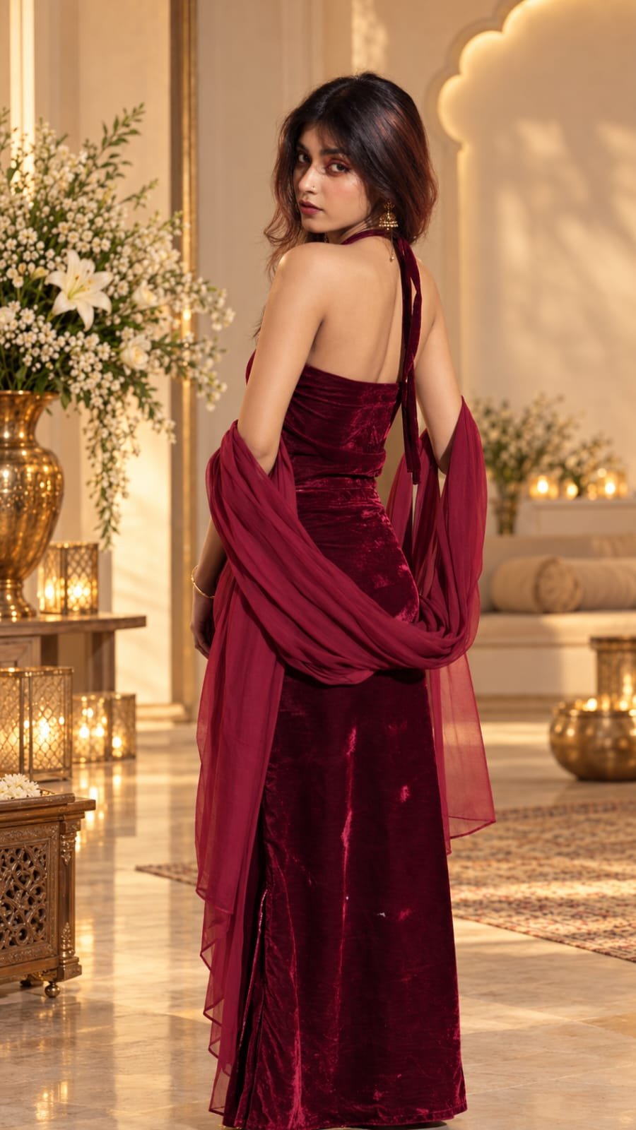 Burgundy velvet halter co-ord set view 3